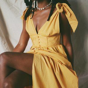 Fall Maxi Dress Cotton Linen Yellow Gold NEW High Quality Party Formal Small O